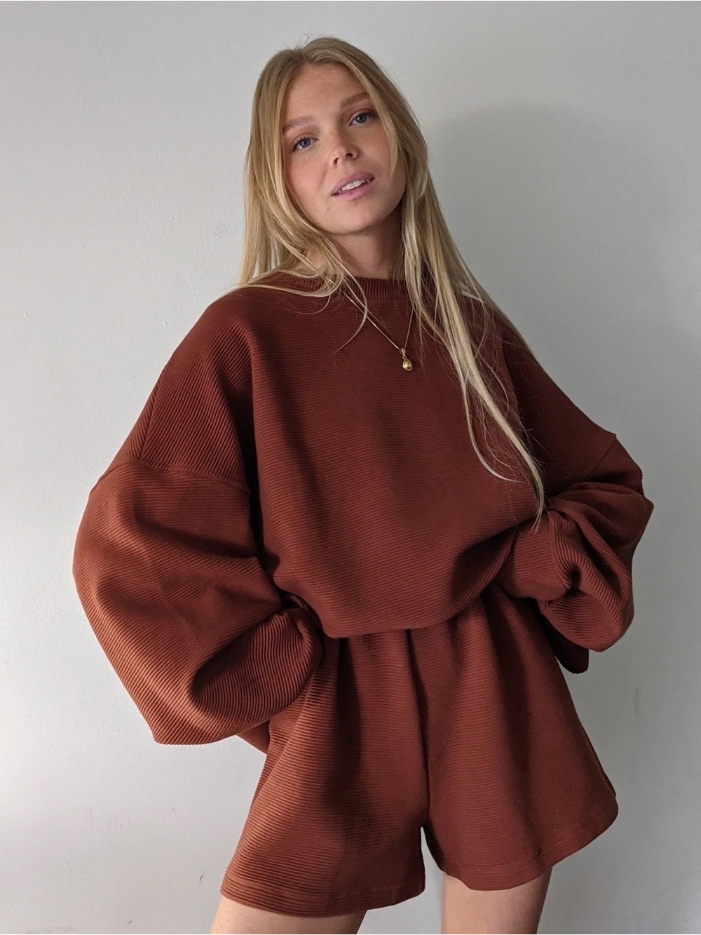EUC Na Nin Set - Margo Rippled Cropped Sweatshirt + Chloe Shorts in Cinnamon - Picture 6 of 12